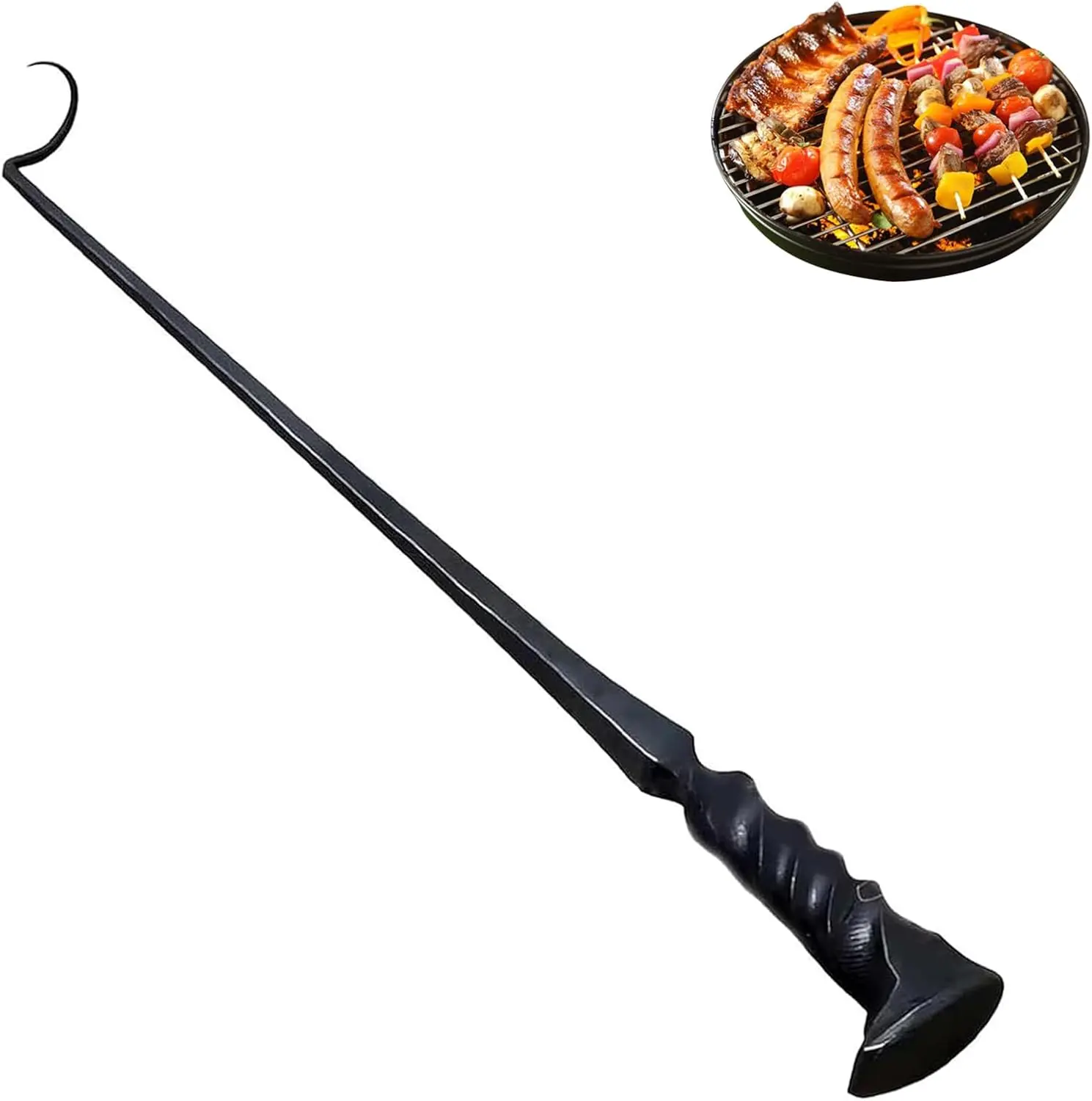 Premium Handmade Iron-Steel Sturdy Pigtail BBQ Turner Hook, Ergonomic Grip Grilling Utensil, Heatproof Long Handle for Smoker, Griddle Meat Flipping