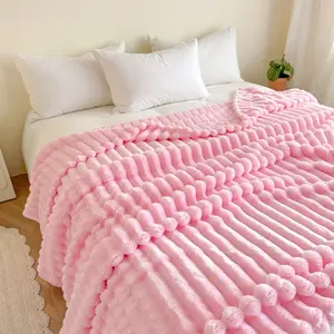 1 piece thickened striped flannel Soft Fluffy Blanket, cozy chic blanket, luxurious pink imitation rabbit fur plush cover blanket for sofa cover, summer nap blanket, outdoor camping, soft plush texture, bring you a warm and comfortable experience