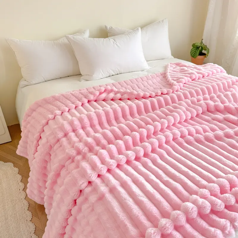 1 piece thickened striped flannel Soft Fluffy Blanket, Soft Warming Blanket, cozy chic blanket, pink imitation rabbit fur plush cover blanket for sofa cover, outdoor camping, soft plush texture, bring you a warm and comfortable experience