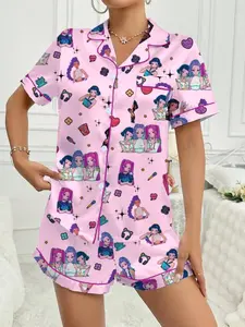 Women's Kpop Demon Hunters Pajama Set Loungewear, Casual Style Comfortable Fitted Short Sleeve Shirt & Elastic Waist Shorts, All-Season Cartoon Print Sleepwear