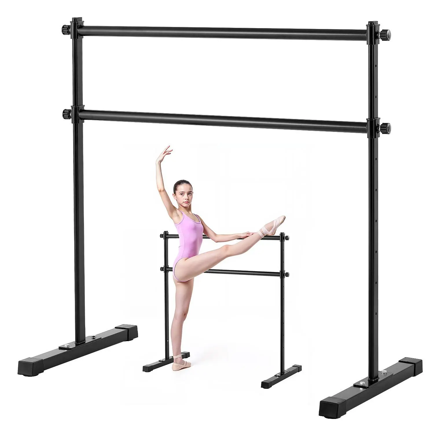 VEVOR 4 Ft Double Barre Ballet Bar, Freestanding Portable Stretching Tool, Height-Adjustable Anti-Wobble Fitness Studio Equipment, High-Quality Fasteners, Powder-Coated Surface, Premium Tubes, Triangular Base, 10 Levels for Pilates Balance