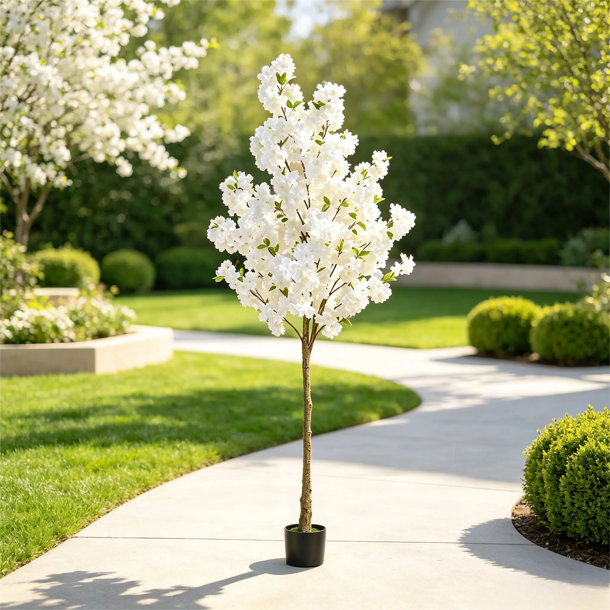 Artificial Cherry Blossom Tree 63 Inch white Faux Sakura Floor Plant with Black Pot, UV Resistant Realistic Fake Flower Tree for Night Front Porch Entryway Living Room Office Wedding Christmas Holiday Home Decor