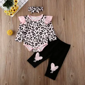 Newborn Baby Girl Clothes Infant Leopard Print Long Sleeve Romper Heart Flared Pants Headband Set 3pcs Fall Winter Outfits