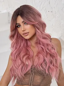 Women's Pink Long Curly Wigs, 30inch Gorgeous Fluffy Wigs with Bangs, Striking Synthetic Costume Wigs for Party & Daily Use, Anime Cosplay, Fluffy Wave Wig
