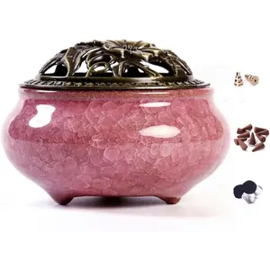 Ceramic Incense Burner with Incense Stick Holder and Insulation for Stick or Coil Incense, Sage Cones and Frankincense (Violet)