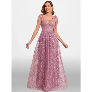 Solid Tie Strap Bridesmaid Dress, Plant Embroidery Style Evening Gown, Elegant Sleeveless Mesh Dress for Wedding Party, Women's Clothing