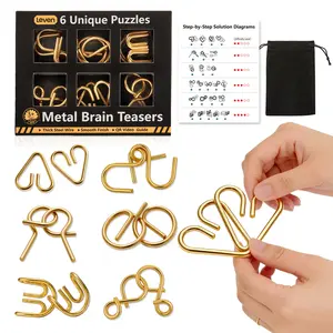 Leven Gold Metal Wire Puzzle Set (6 Rings) – Thick 4.3mm Smooth Brain Teaser IQ Chinese Ring Disentanglement Interlock Mind Game for Kids & Adults, Quick Start Challenge, Gift Box Included