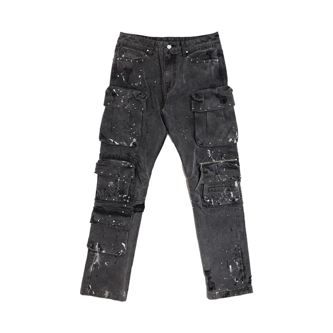 Men's Slim-Fit Black Cotton Denim Cargo Jeans - Full-Length Trousers with Studs, Paint Splatter Detail, Pockets, Zip Fly, Cargo Look Classic Menswear Bottoms