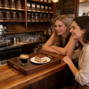 Vintage Bamboo Serving Tray, Rectangular Faux Rattan Coffee Tea Tray - Rustic Wicker Style Wooden Platter for Hotel, Restaurant - Decorative Tray for Serving, Display, Storage - Elegant Organizer for Living Room, Kitchen