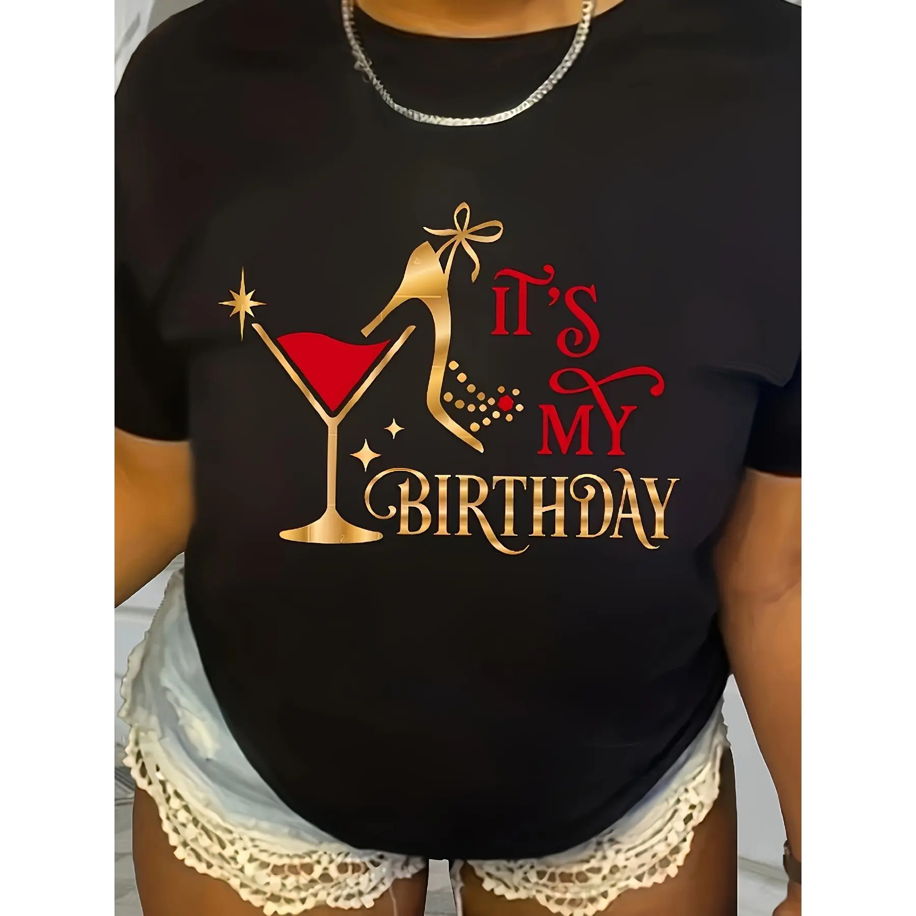Women's Black Crew Neck Short Sleeve Birthday Print T-Shirt - "It's My Birthday" Cocktail High Heel Graphic Tee, Trendy Casual Party Outfit, Comfortable Summer Fashion Top