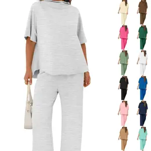 Imily Bela Women's Two Piece Outfits Crew Neck Pullover Tops 3/4 Batwing Sleeve Capelet Wide Leg Pants Casual Lounge Set