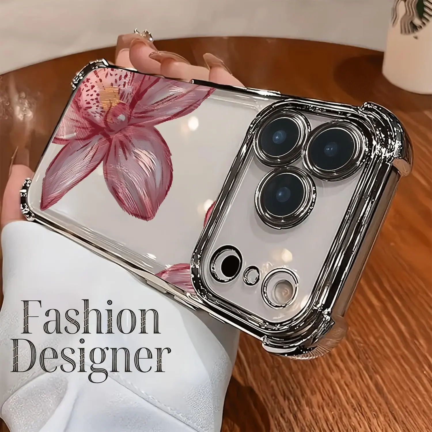 A trendy designer-style TPU phone case with a pink peach blossom pattern, featuring electroplated transparency and full-body soft protection. Suitable for IPhone17 11 12 13 14 15 16 Pro Max Air Plus