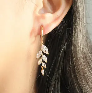 Tewiky 14K Gold/Silver Plated Zircon Leaf Earrings for Women Trendy Zircon Small Dangle Hoop  Hypoallergenic Earrings Stacks For Valentine's Day gifts