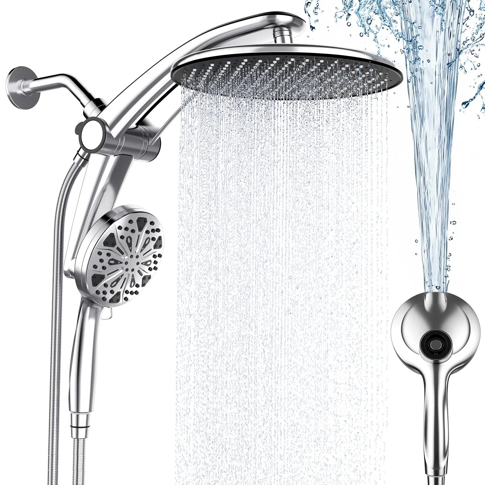 Modern High Pressure Rain Shower Head with Handheld Magnetic Mount Power Wash Combo, 1-Piece Adjustable Stand, 9 Settings, Tub Cleaning Bathroom Gadget