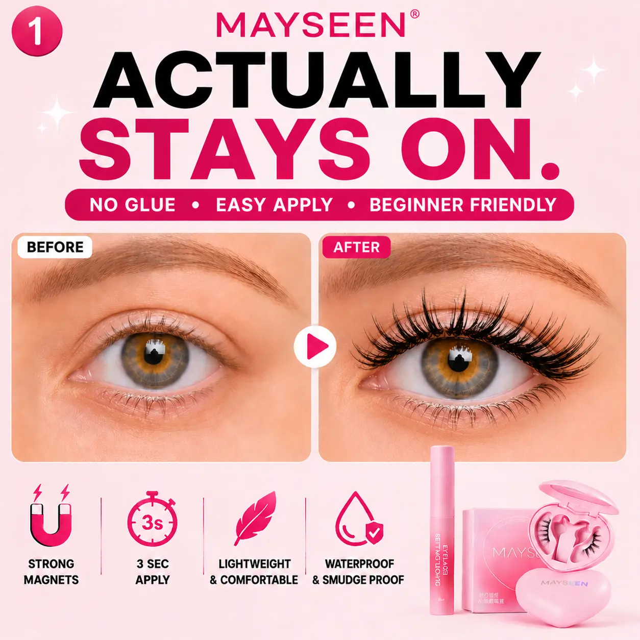 MAYSEEN Magnetic Eyelashes Set, Glue-Free with 3s Apply for a Natural Glam Makeup Routine, Reusable and Lightweight Vegan Clean Lashes, Cruelty-Free, Strong & Comfortable, Sensitive Safe, Beginners