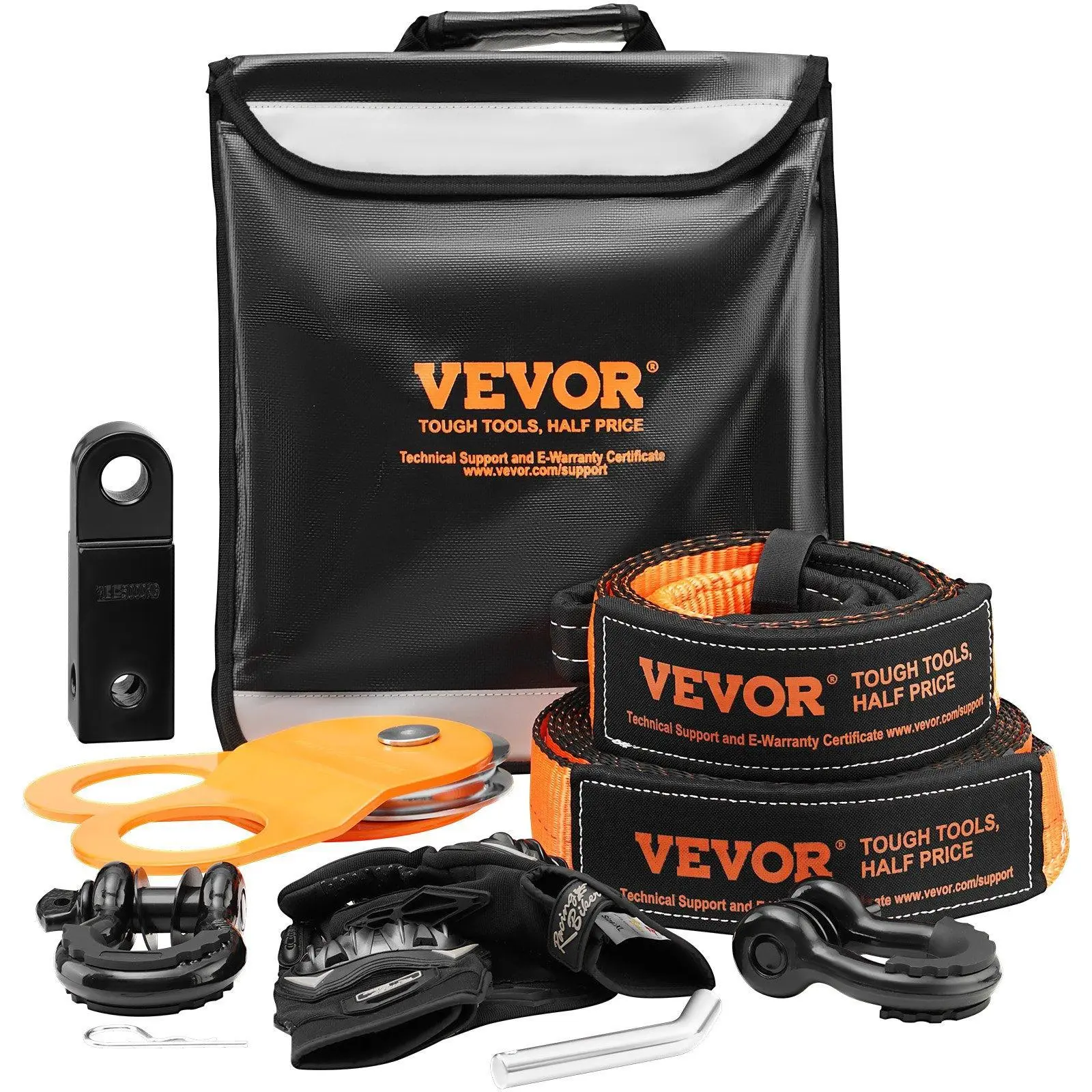 VEVOR Heavy-Duty Off-Road Recovery Kit - Polyester Rigging Ropes, 3"x30' 30000 lbs Tow Strap, 44092 lbs D-Ring Shackles, Receiver, Snatch Block Pulley, Gloves, Storage Bag - Universal Fit for ATV, Jeep, Truck Heavy-Duty Operations, Father's Day Gift