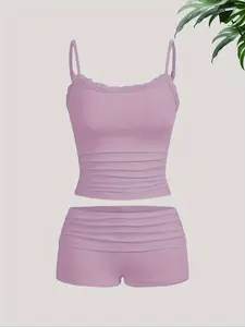 Women's Adjustable Strap Lace Trim Knit Slim Fit Shorts Set, Comfortable Casual for Spring & Summer, Stylish Daily Wear Apparel