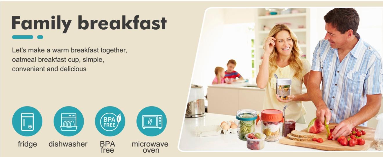 6 Pack Overnight Oats Containers with Lids and Spoons, 16 OZ Glass Mason Jars with Removable Separate Compartments, Airtight Leak Proof Oatmeal Container for Chia Pudding, Yogurt, Breakfast, Cereal