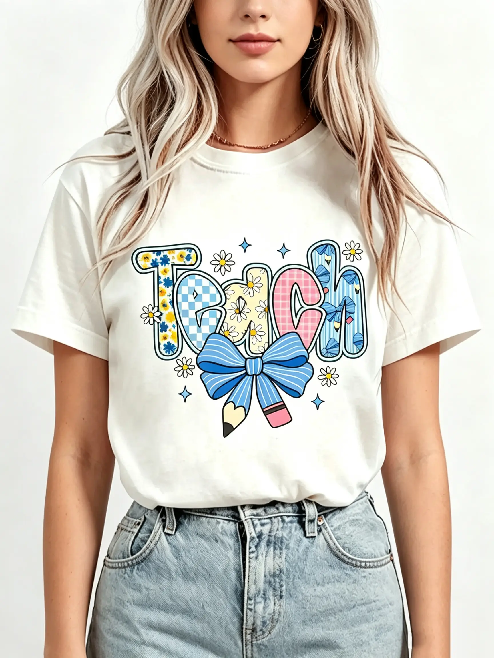 Preppy Teacher Floral Coquette Shirts, Teach Blue Floral Tee, Preppy Teacher Tops, Pencil Bow Teacher Checkered T-Shirts