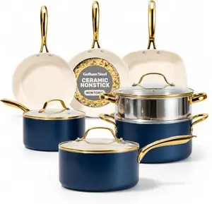 Gotham Steel 12 Pc Ceramic Cookware Set Nonstick, Ceramic Pots and Pans Set Non Stick with Steamer for Cooking, Non Toxic PFOA PFOS Free, Premium Stay Cool Handles, Oven & Dishwasher Safe