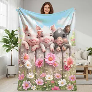 Cute Piglets and Daisy Garden Flannel Blanket Pastoral Farm Fence Floral Print Design Soft Warm Lightweight Cozy Throw for Sofa Bedroom Living Room Picnic Gift Home Decoration summerwins