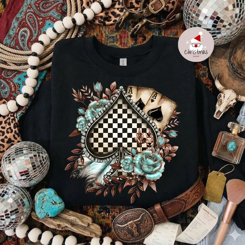 Checker Spades sweatshirt, country clothing, boutique clothing, western clothes, cowgirl stuff, western stuff