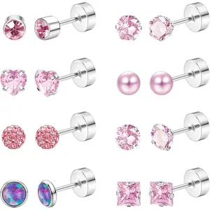 【Summervibes】CASSECA  Surgical Steel Earrings for Sensitive Ears 20G Flat Back Earrings for Women Men Small Stainless Steel Earrings Studs Cartilage Earring Opal Ball CZ Flatback Earrings