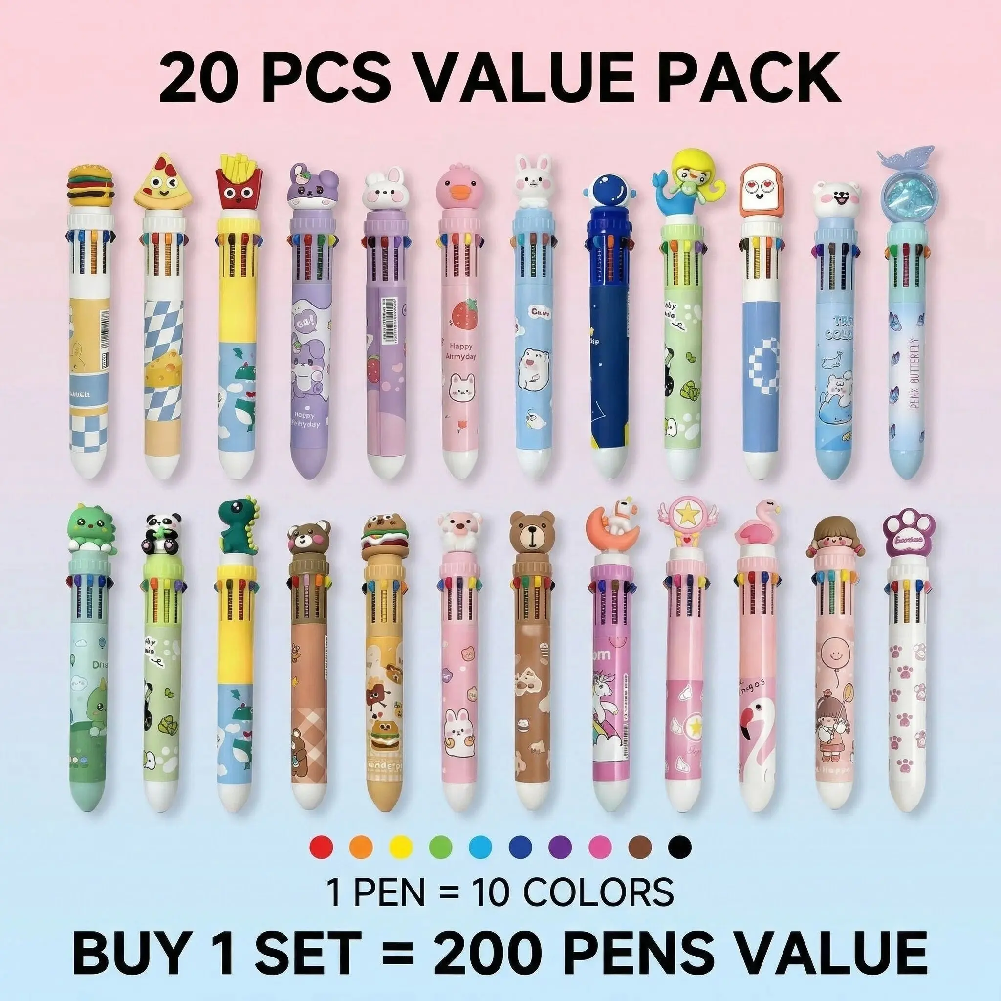 20Pcs Bulk 10-in-1 Multicolor Pen Set, Vibrant Colors with Assorted Cute Designs, draw, do journaling, make plans, Smooth 0.8mm Writing for School, Office, Party Favors & Gift Giving，Children's Day gift, birthday gift, gift for kids, gift for classmates