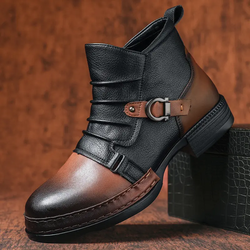 Men’s short boots with buckle and laces, zipper, vintage street style, everyday ankle boots