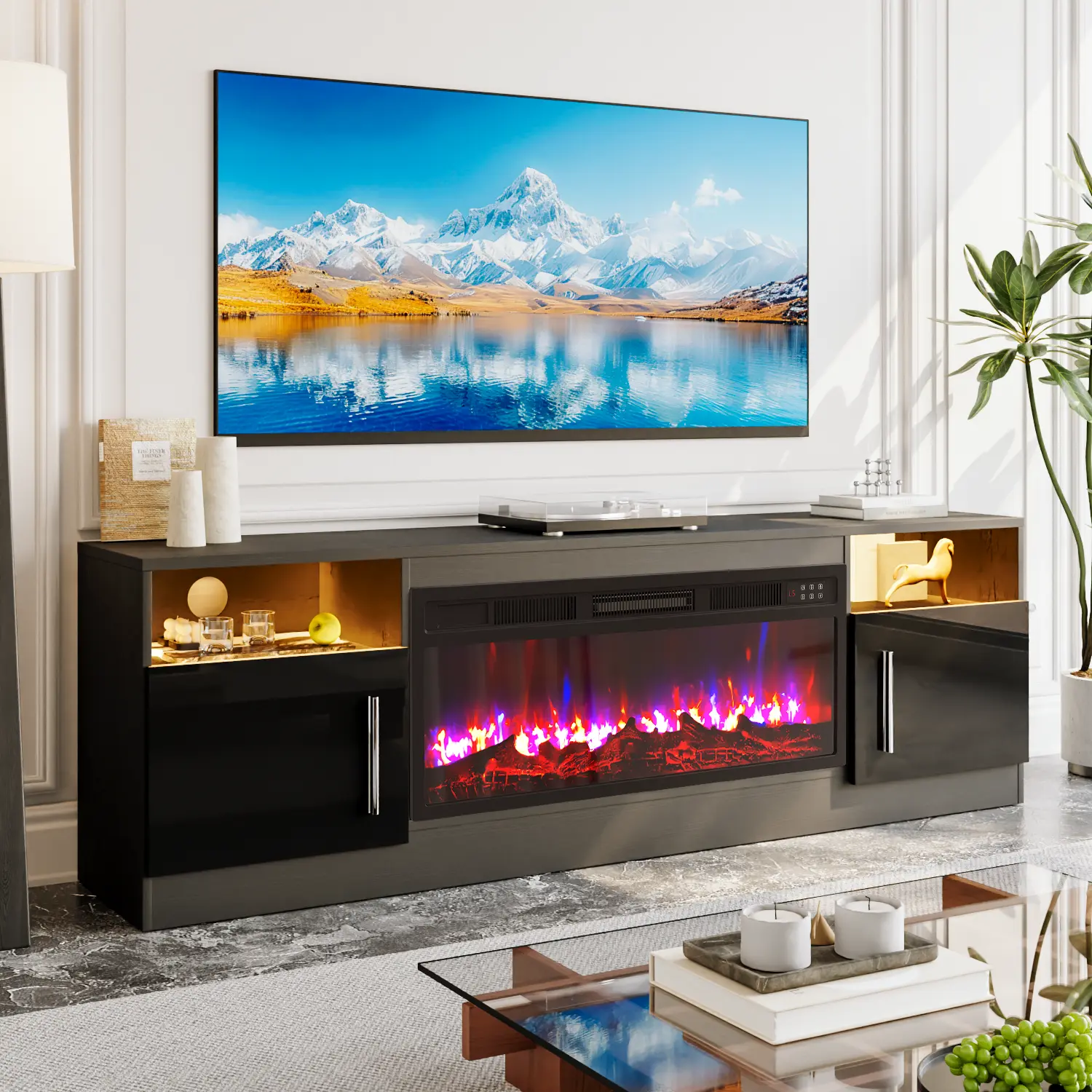 Fireplace TV Stand for TVs Up to 80" TV with 36" Electric Fireplace,Entertainment Center with Fireplace,TV Stand with Fireplace LED Light,Entertainment Stand,70inch,dorm essentials,home decor