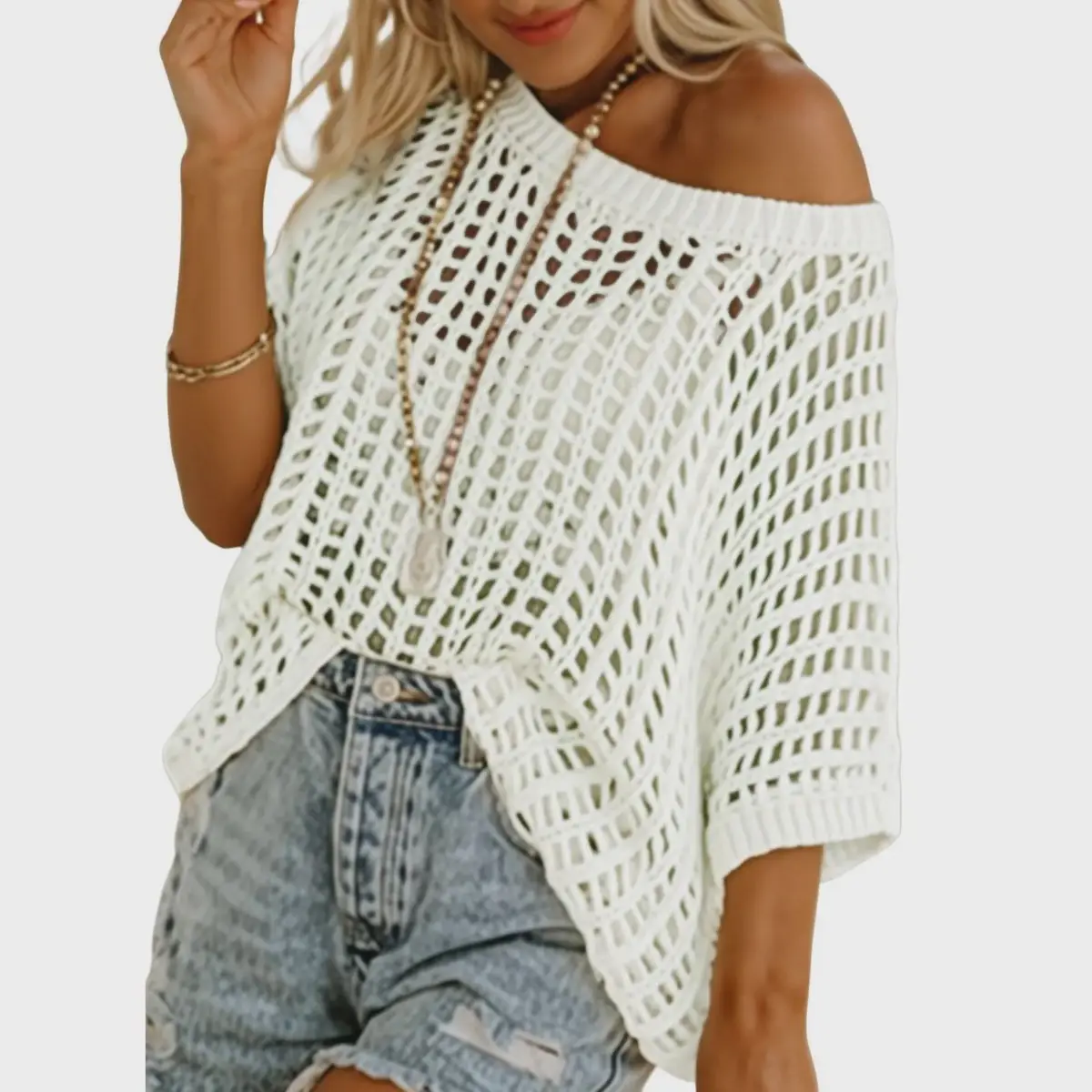 Womens Summer Scoop Neck Short Sleeve Sweater Casual Crochet Hollow Out Knit Tops Pullover Shirts Beach Coverup 2