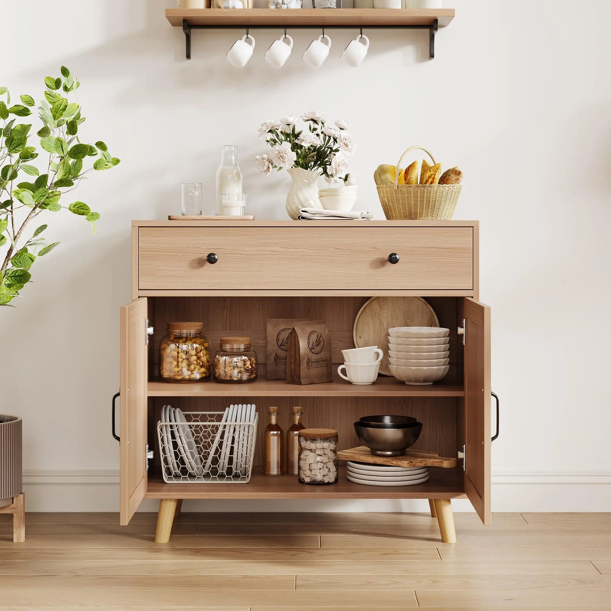 Sideboard Buffet Cabinet, Accent Cabinet with Storage, Console Coffee Bar Table with Drawer & Doors, Wood Sideboard Credenza Console Table for Living Room, Kitchen, Dining Room, Entryway,Natural