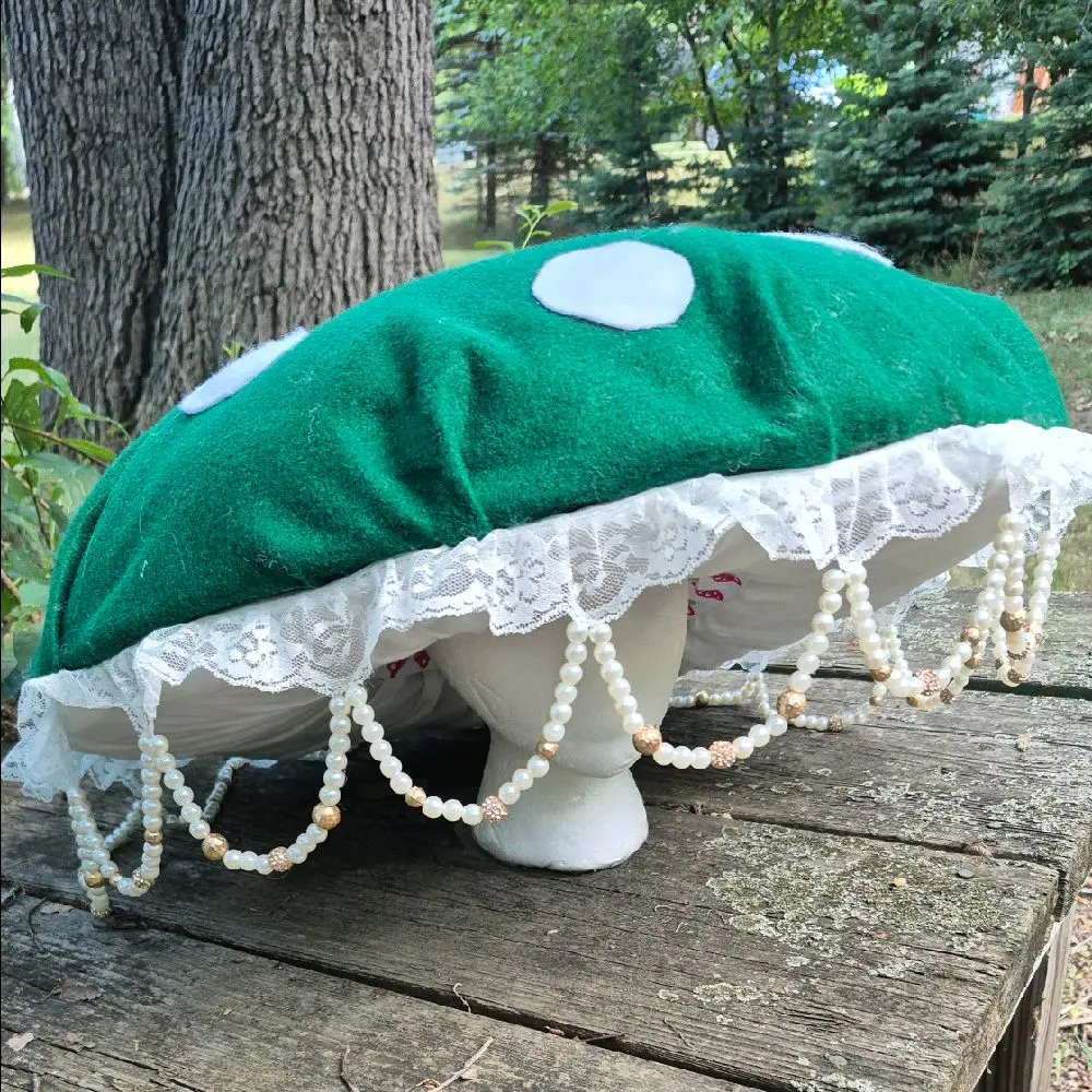 Green Mushroom Hat. Handmade Muahroom hat with Pearl and Gold colored beads. perfect for Renaissance Faire, Cosplay, Parties. hand sewn beads.