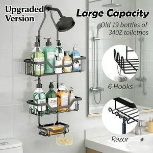 Over Shower Head Caddy, Never Rust Aluminum Heavy Duty Hanging Shower Organizer with 12 Hooks, Large Black Shower Caddy with Soap Basket
