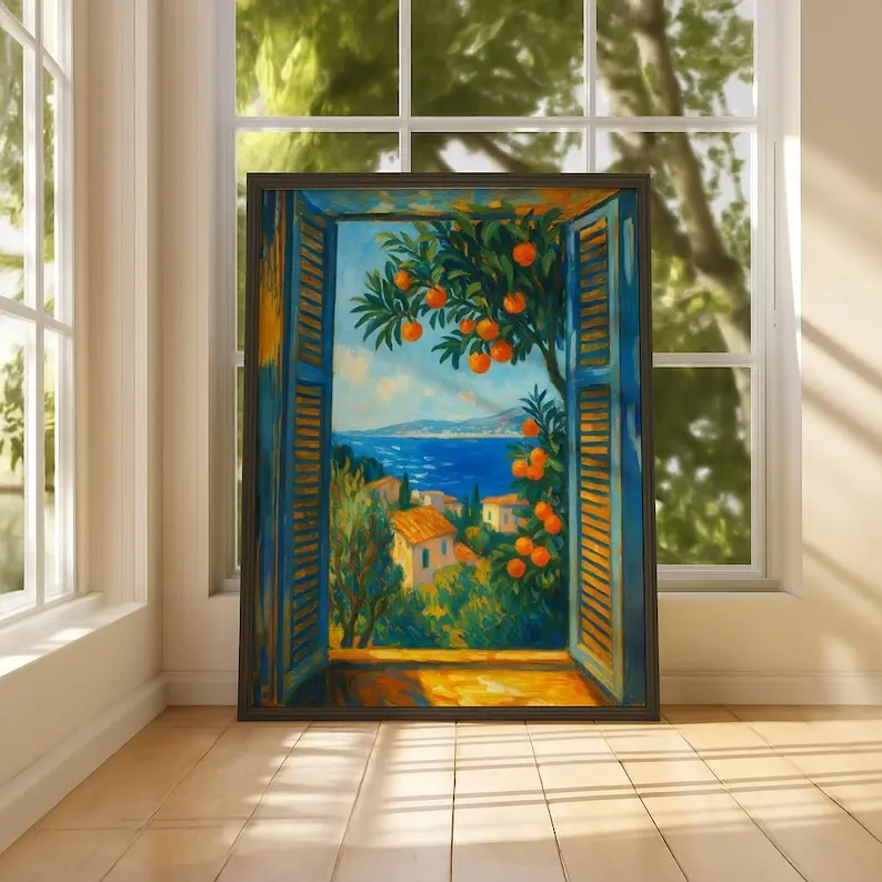 Henri Matisse The Open Window Fauvism Decorative Unframed Graphic Print Wall Art Poster, Multi-Size (8x10,11x17,12x18,18x24,24x24,27x40,30x30) Bordered Paper Print, Mediterranean Coastal View, Orange Tree House Home Decor, Shipping Tube Included, One-Piec