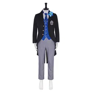 Lawrence Bluewer Blue Plaid Prefect Tailcoat Cosplay Costume Set Dark Blue Vest Tie Pants Corsage for Comic Con