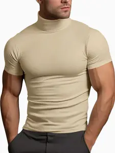 Men's Solid Color Plain Turtleneck Tee, Casual Comfy Short Sleeve T-shirt for Summer, Men's Top for Daily Wear, Tropical, Menswear