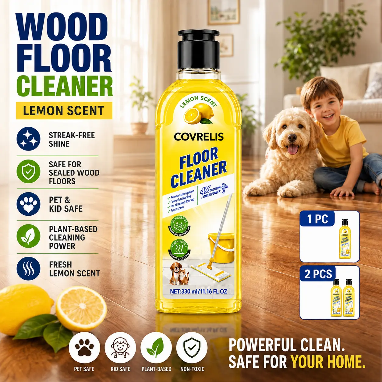 COVRELIS Lemon Floor Cleaner, Deep Clean Floor Cleaner, Magic Streak-Free Floor Cleaner | Fast-Drying Deep Cleaning Solution for Hardwood, Tile, Laminate, and Vinyl Floors, Pet-Friendly & Fresh Scent, floor cleaner for mopping、pet urine floor cleaner、non-