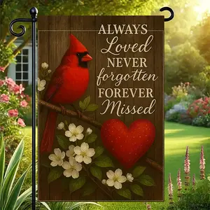 2D Flat,  Memorial Garden Flag | Outdoor Decoration with Cardinal, Floral Pattern, White Flowers and Heart - Forever Loved, Forever Remembered, Forever Missed - Suitable for Funerals, Anniversaries, Valentine's Day.