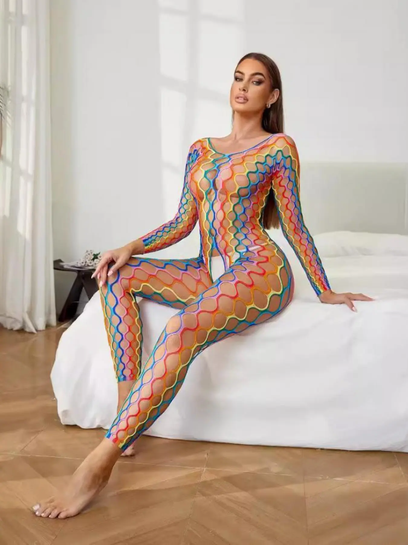Women's Rainbow Big Fishnet Long Sleeve Bodysuit, Sexy Sheer Lingerie, Slim Fit for Party Club Date Night, Y2K Aesthetic, Costumes