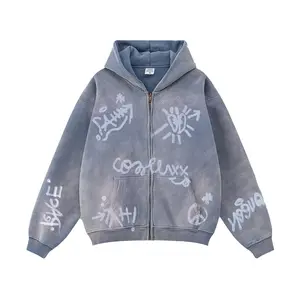 Inflation Men's Casual Long Sleeve 360g Fleece-Lined Washed Graphic Hoodie - Oversized Zip-Up Streetwear Clothing, 2026 Autumn Winter New Jacket Sweatshirt Top