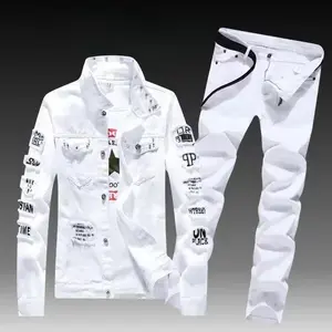 sets for men clothing Spring Autumn Mens Denim Jacket + Jeans Pants Set Fashion Single Breasted Coat Trousers Two Piece Denim suit Clothes Sleeve Sleeved Basic Formal Menswear 2 Piece Denim Outfit Jean Jacket and Jeans Set Denim Set (Belt not include