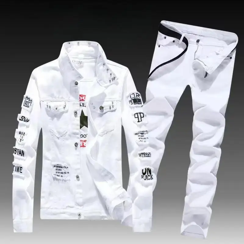 sets for men clothing Spring Autumn Mens Denim Jacket + Jeans Pants Set Fashion Single Breasted Coat Trousers Two Piece Denim suit Clothes Sleeve Sleeved Basic Formal Menswear 2 Piece Denim Outfit Jean Jacket and Jeans Set Denim Set (Belt not include