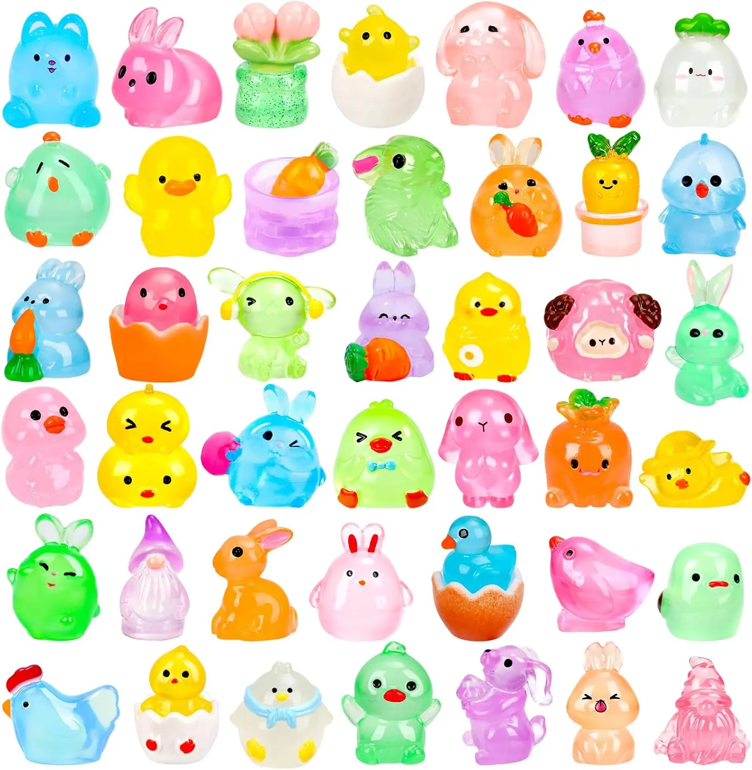 56PCS Easter Glow in the Dark Mini Resin Figurines – Luminous Bunny & Chick Miniatures for Easter Egg Hunts, Fairy Gardens & DIY Crafts
