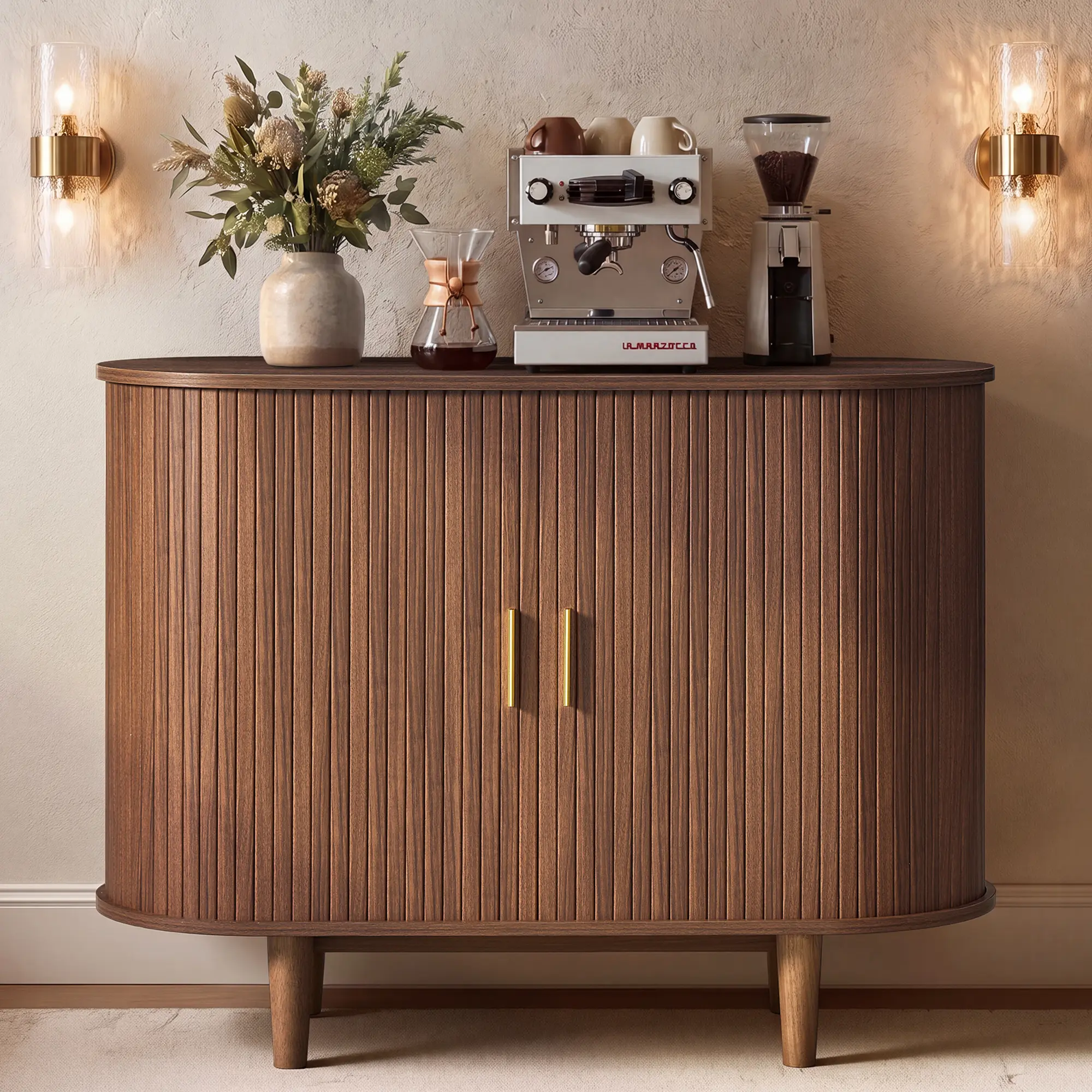VASAGLE Mid-Century Modern Storage Cabinet, Sliding Door Sideboard with Adjustable Shelves, Indoor Buffet Cupboard for Living Room