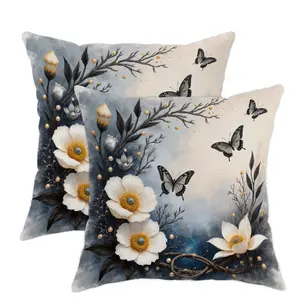 Jit 2pcs 2D Flat Butterfly Throw Pillow Covers, Bedroom Decorative Accessories, Floral Elegant Flower Branch Design, Soft Velvet Material, All-Season Use, Easy Care