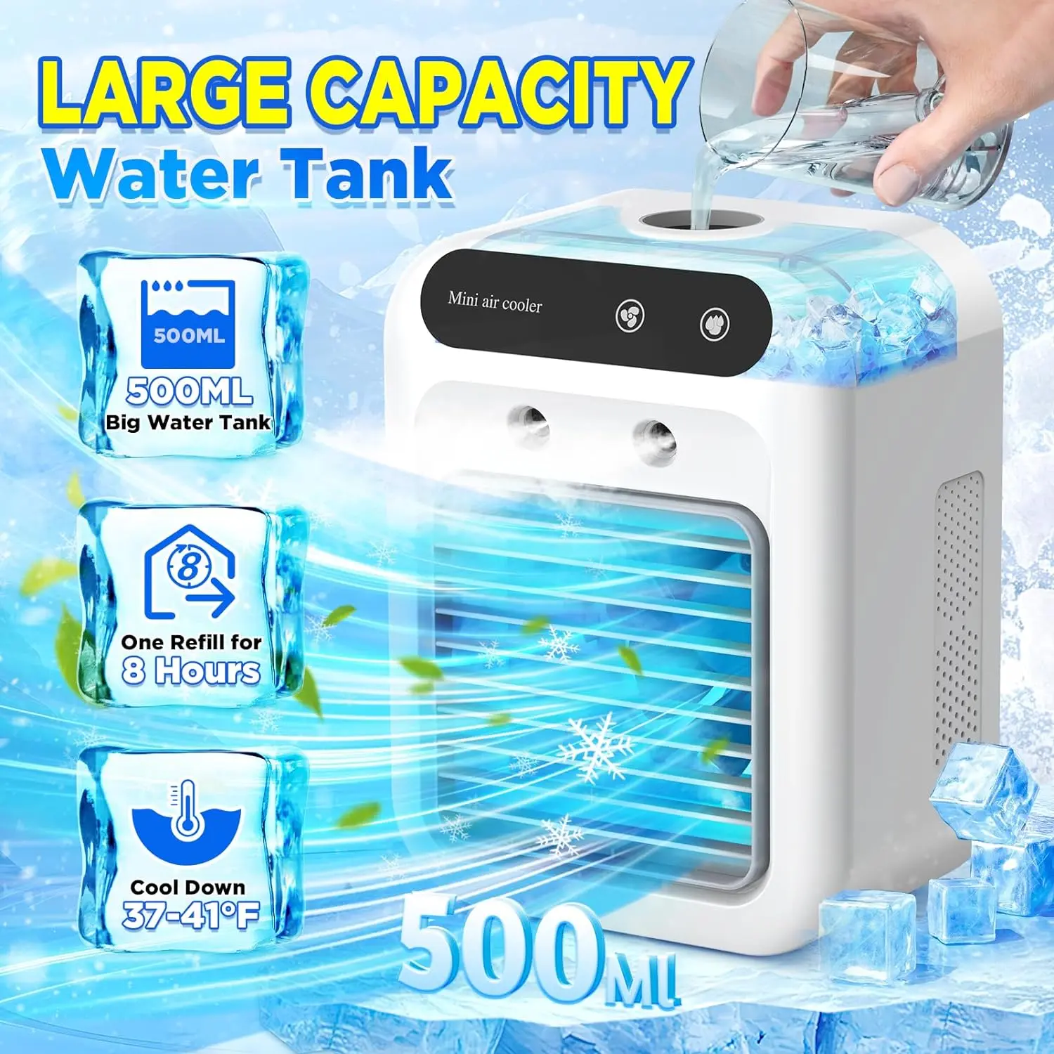 【SUMMER SALE】Mini Size 3-in-1 Portable Air Conditioner Cooling Fan - Personal Rechargeable, USB Portable, 2 Mist Speeds, 1800mAh Battery, 500ml Tank for Bedroom, Camping, Personal Fan Rechargeable, Usb Portable Fan
