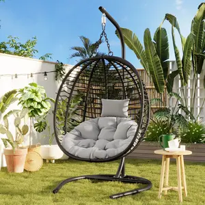 Hanging Egg Chair with Stand, Swinging Egg Chair Outdoor Indoor, Hanging Basket Chair with Cushion, Patio Wicker Hammock Chair 350lbs Capacity for Porch, Balcony, Backyard, Garden