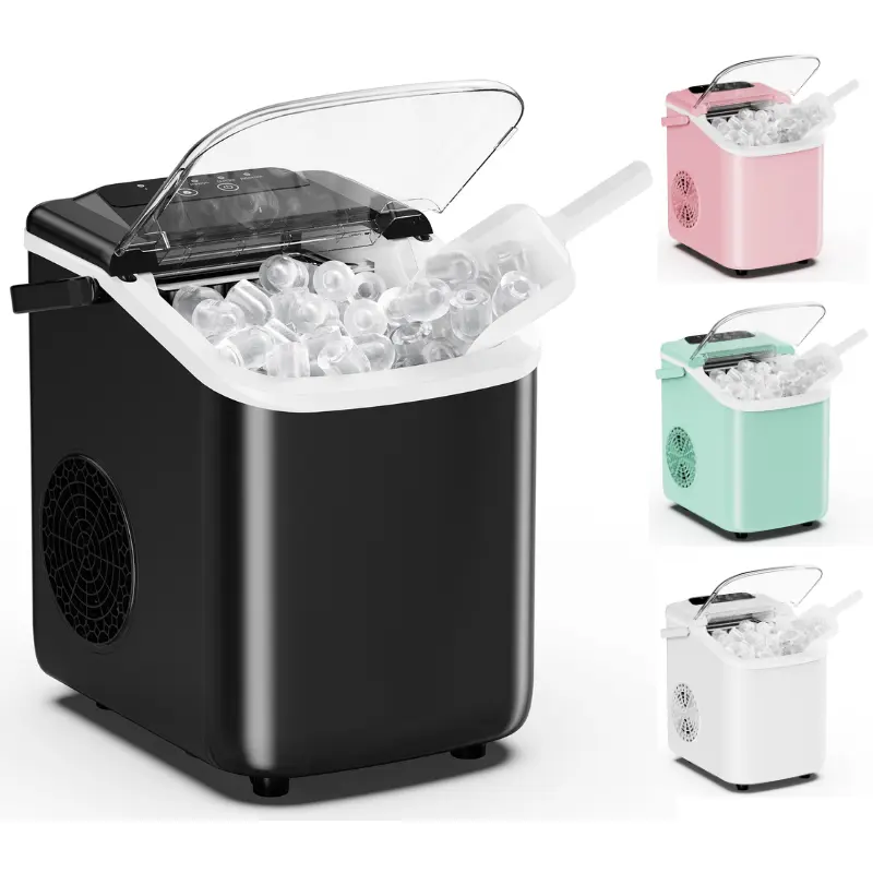 Ice Makers Countertop with Handle, Portable Ice Machine, 9 Bullet Cubes in 6 Mins, 26lbs in 24Hrs, Auto-Cleaning, with Basket and Scoop, for Home, Kitchen, RV, Camping, Black Desktop ice maker, with movable handle, can produce 9 ice balls in