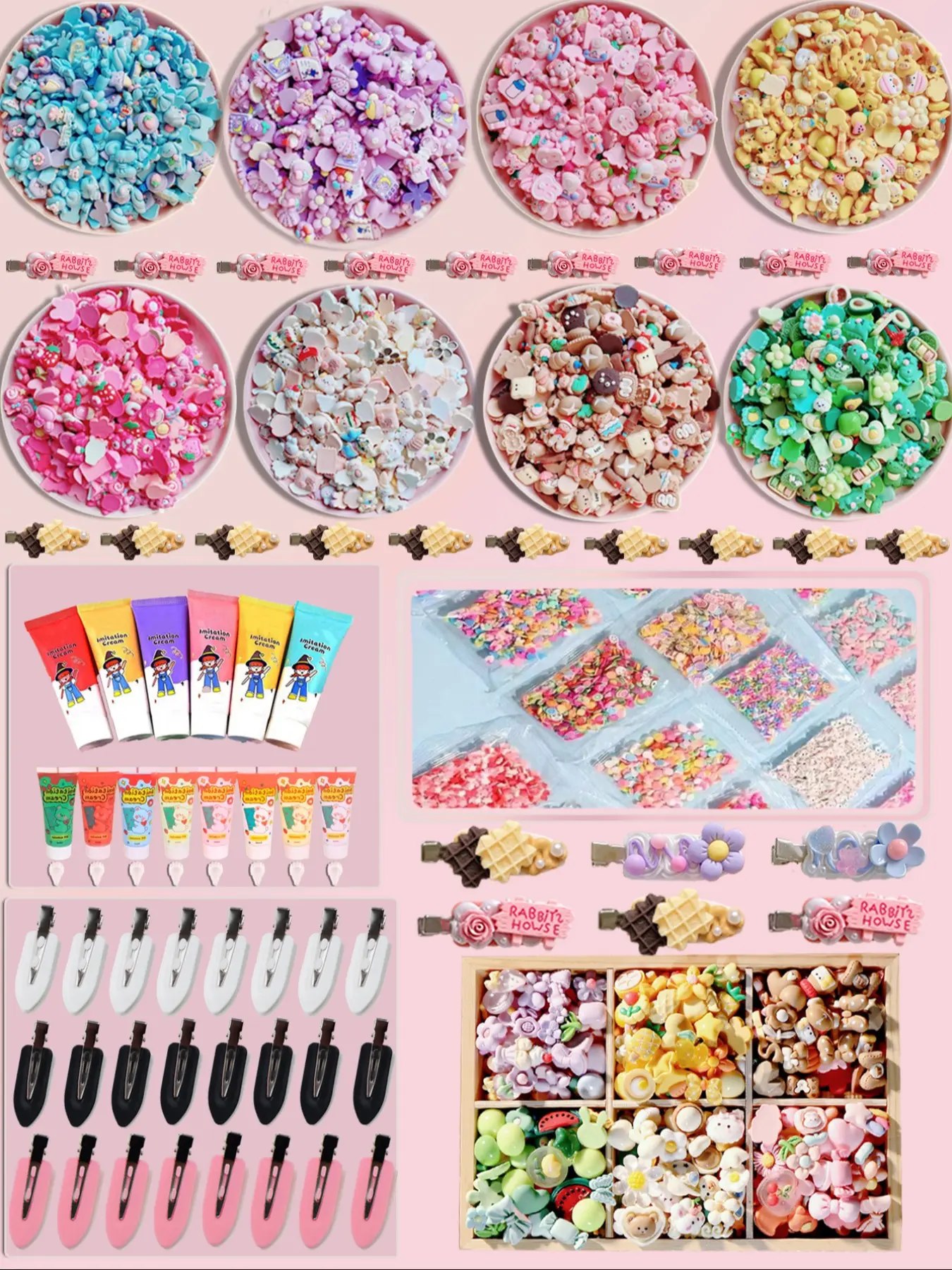 34PCS DIY 9 black and white hair clips, Super cute clips, 2 random color simulated Vreams with 2 flower tips, 20 random resin accessories, 1 fragment accessory, with 8 colors: green, white, pink, rose, blue, purple